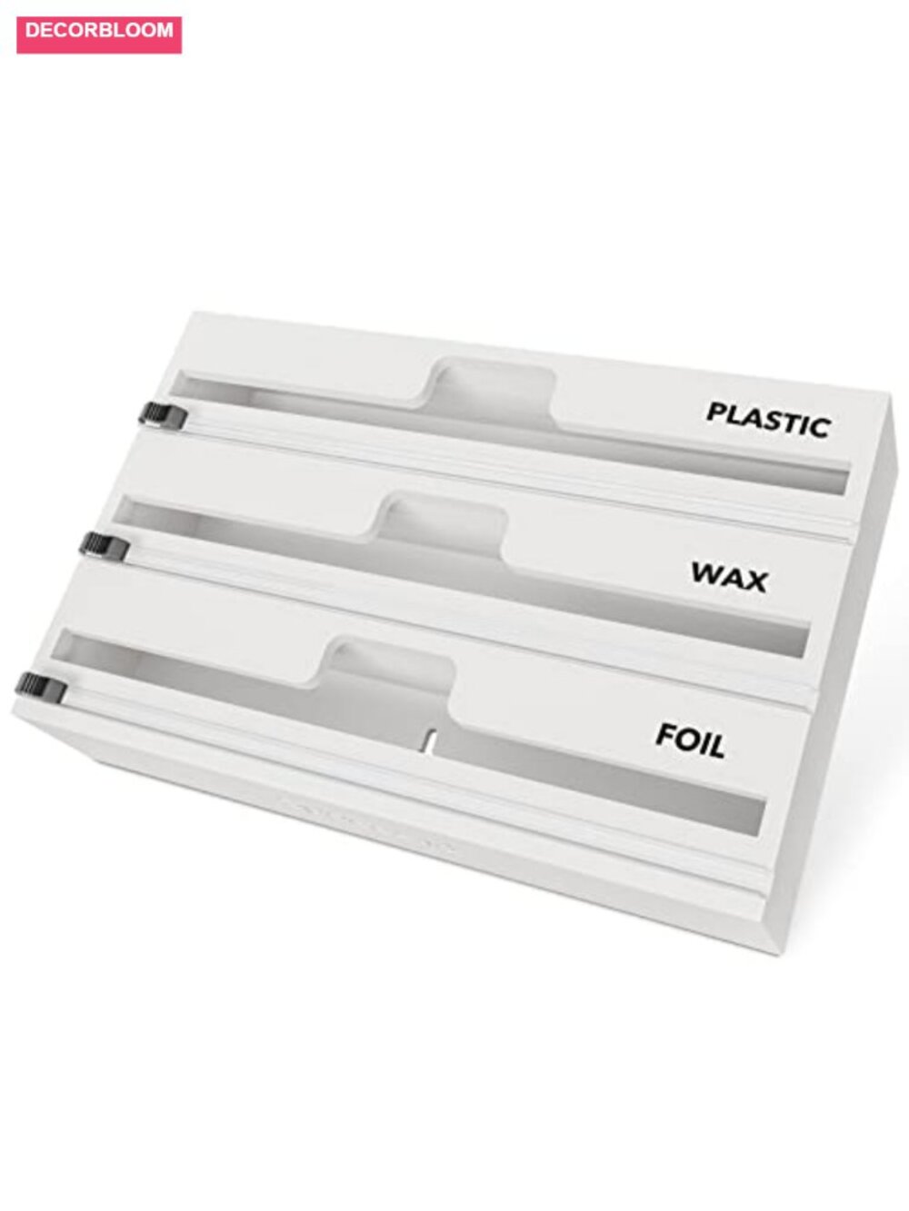 Bamboo Wrap Organizer Dispenser with Cutter and Labels for Plastic Wrap Foil